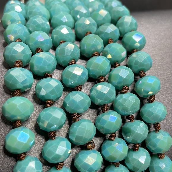 60" Gorgeous Teal Turquoise Blue Hand Knotted Glass Faceted Flapper Beads Vntg - Picture 1 of 10